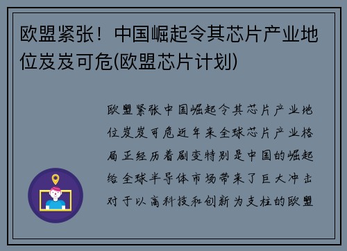 欧盟紧张！中国崛起令其芯片产业地位岌岌可危(欧盟芯片计划)